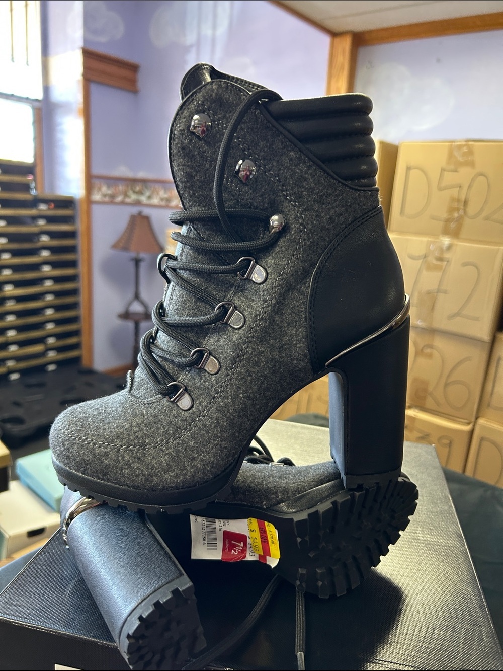 DKNY Gray Felt Lace-Up Block Heel Ankle Boots